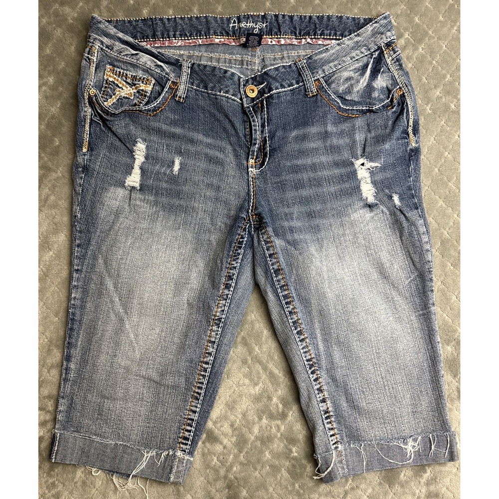 Amethyst Capris Women's 18 Jeans Distressed Cuffed Thick Stitch Embroider Y2K